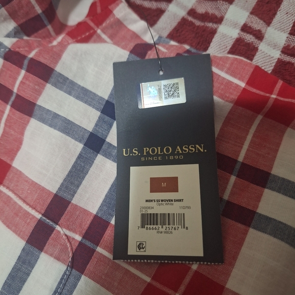 NWT U.S POLO ASSN Mens Red White Blue Plaid Button Up Short Sleeve Shirt Sz Med - Picture 3 of 9